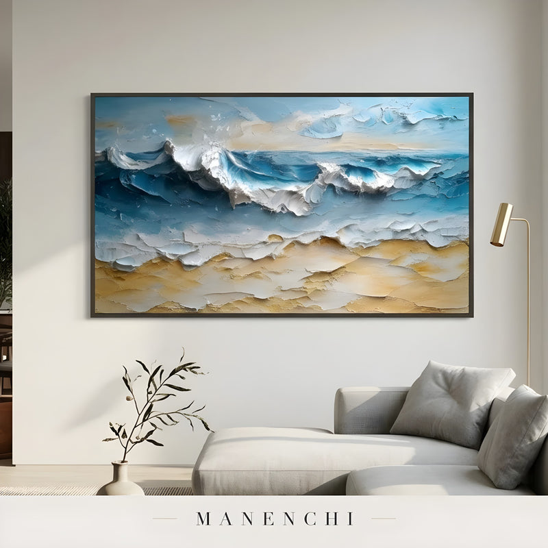 Azure Kinetic Shoreline abstract painting displayed in living room display