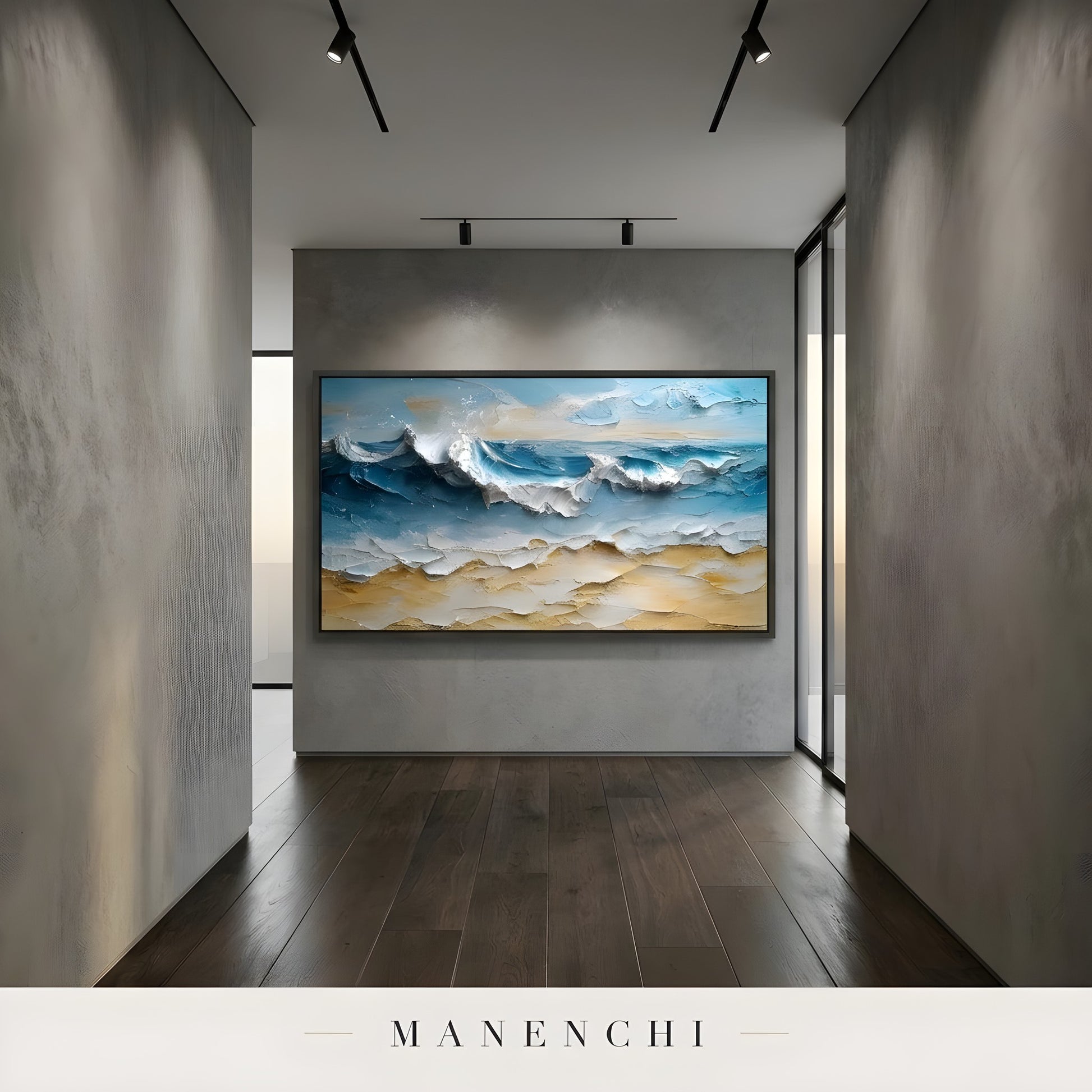 Azure Kinetic Shoreline abstract painting displayed in modern hallway installation