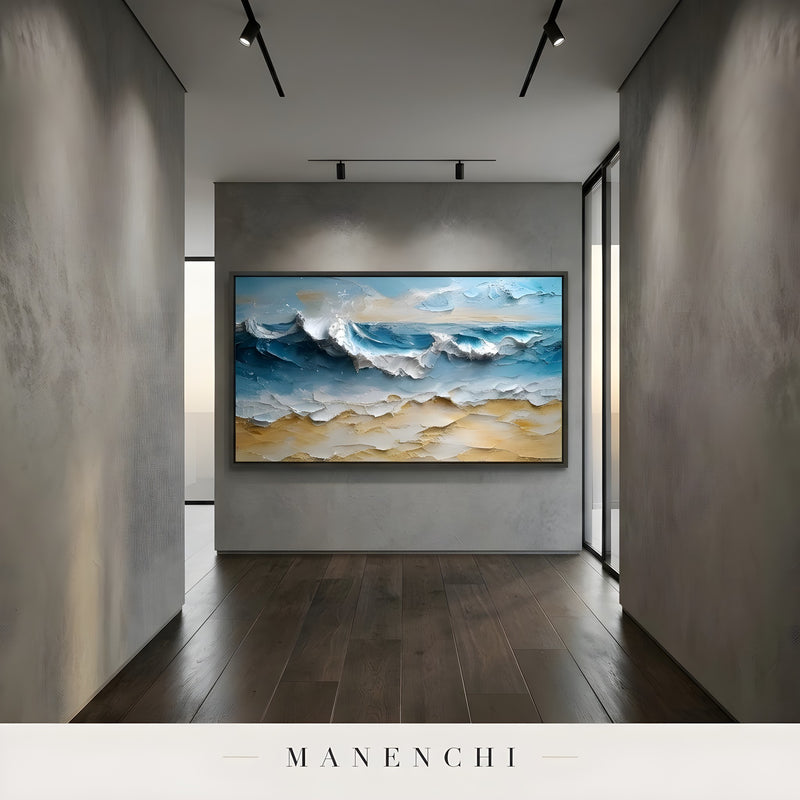 Azure Kinetic Shoreline abstract painting displayed in modern hallway installation