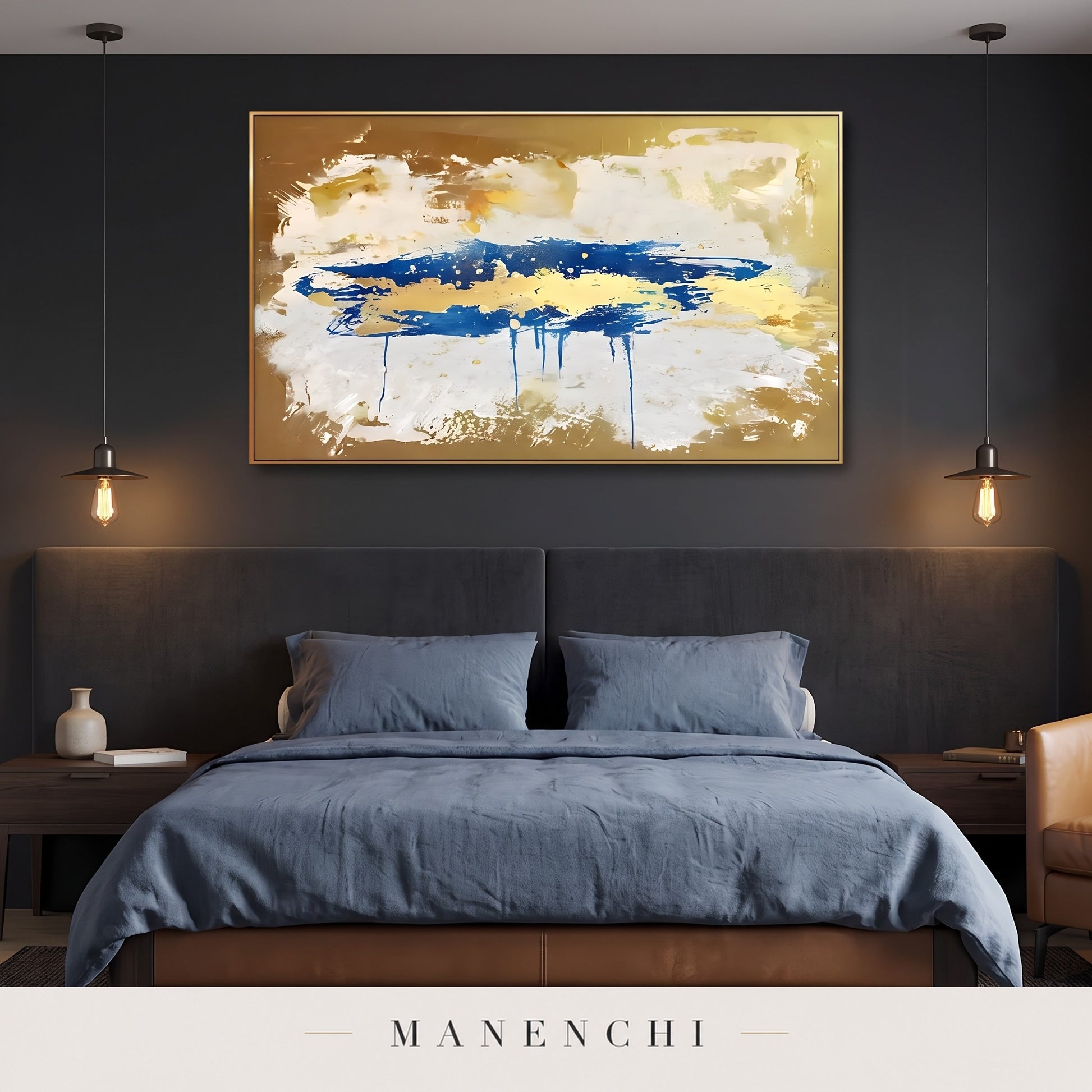 Azure Meridian abstract painting displayed in a modern bedroom
