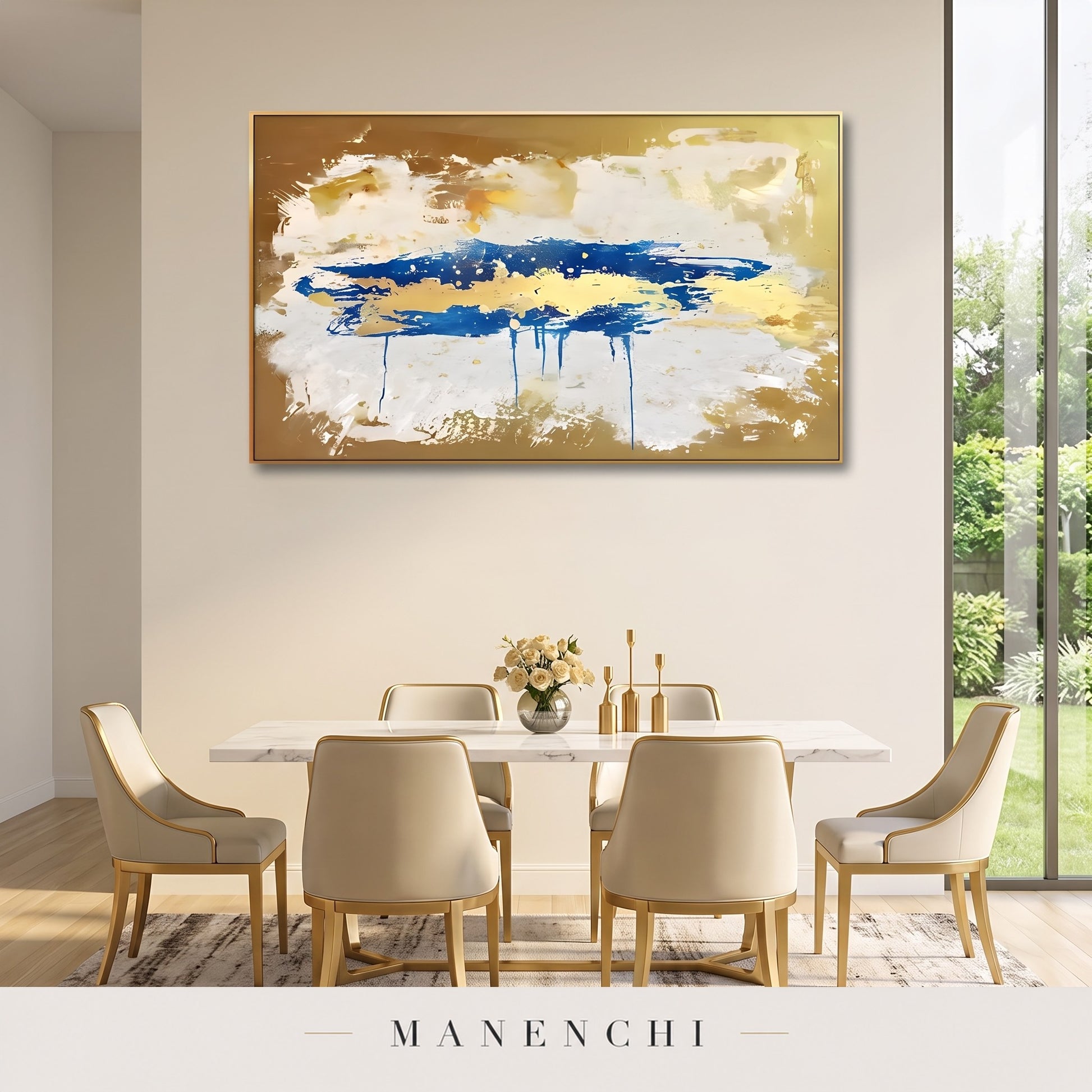 Azure Meridian abstract painting displayed in a dining room