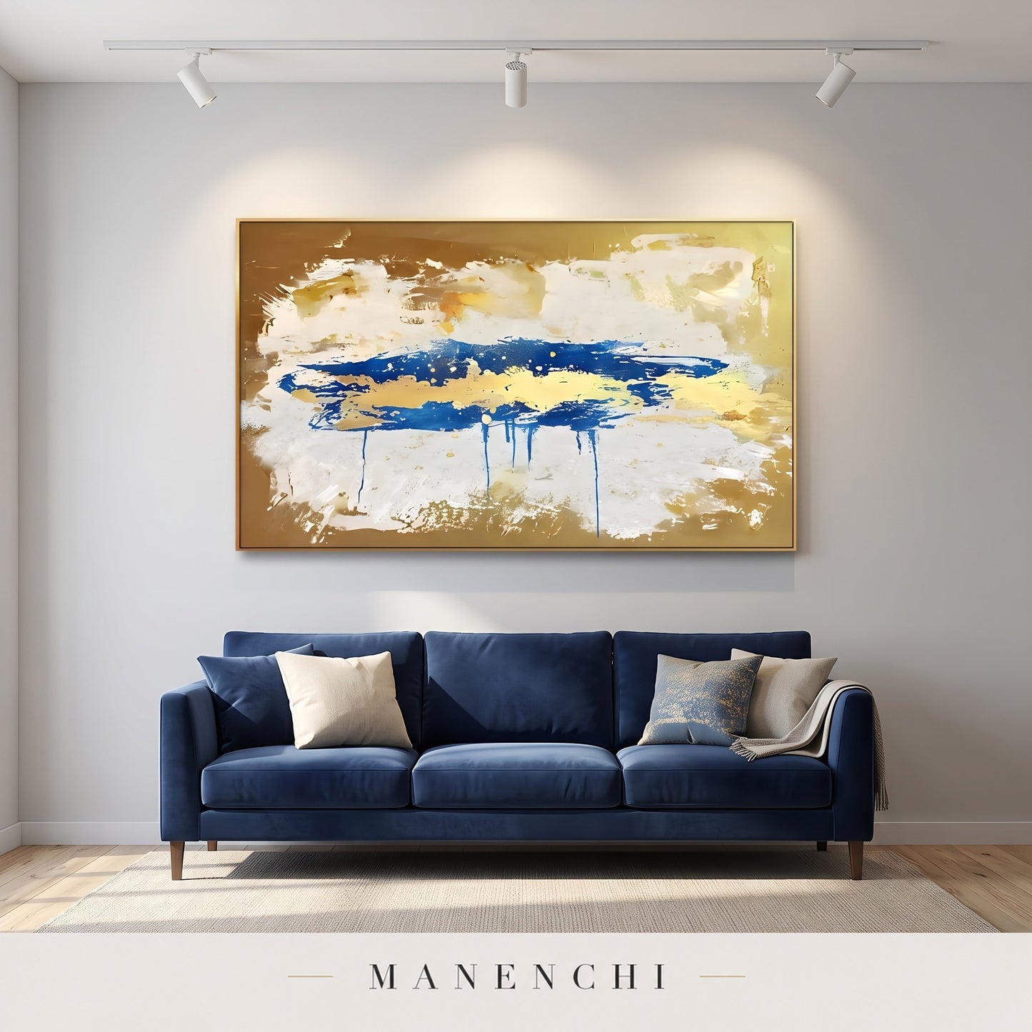 Azure Meridian abstract painting displayed in a modern living room