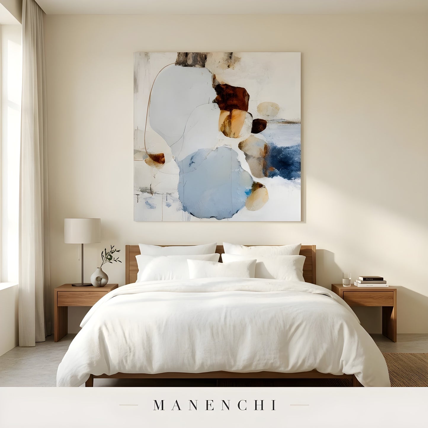 Azure Ochre Synthesis abstract painting displayed in abstract art bedroom