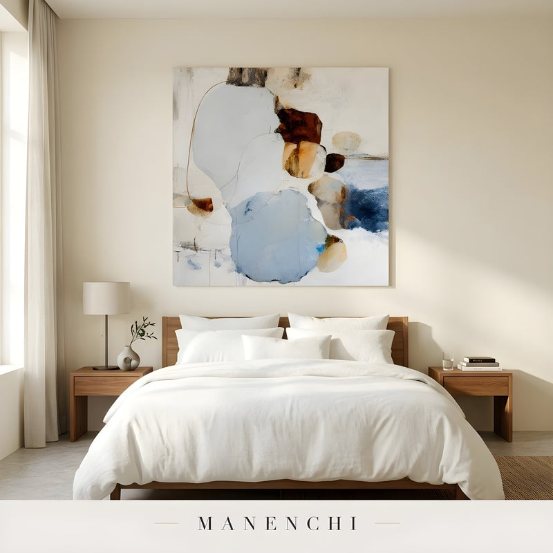Azure Ochre Synthesis abstract painting displayed in abstract art bedroom