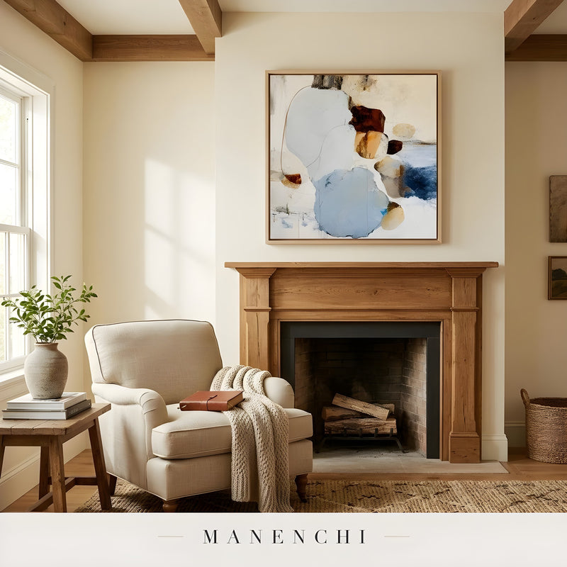 Azure Ochre Synthesis abstract painting displayed in cozy fireplace seating