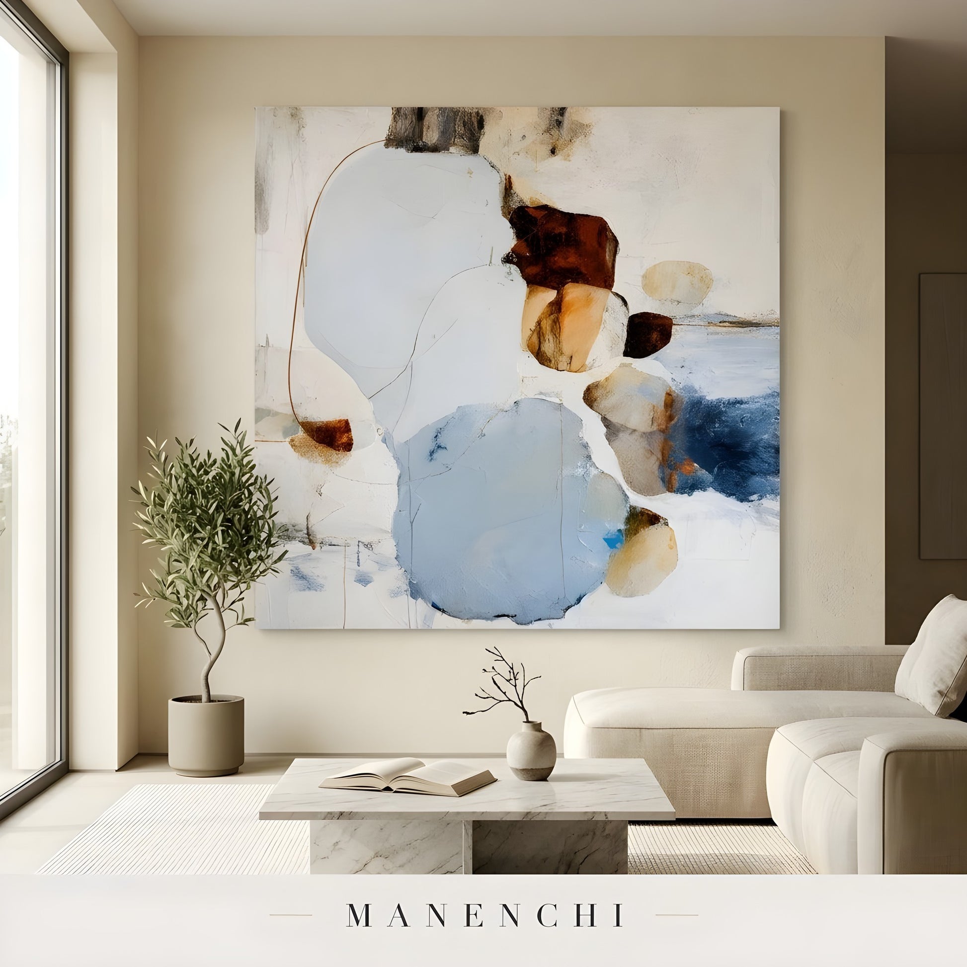 Azure Ochre Synthesis abstract painting displayed in living room decor