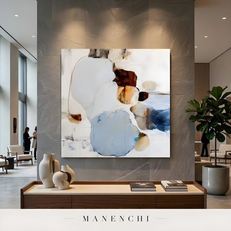 Azure Ochre Synthesis abstract painting displayed in modern lobby art