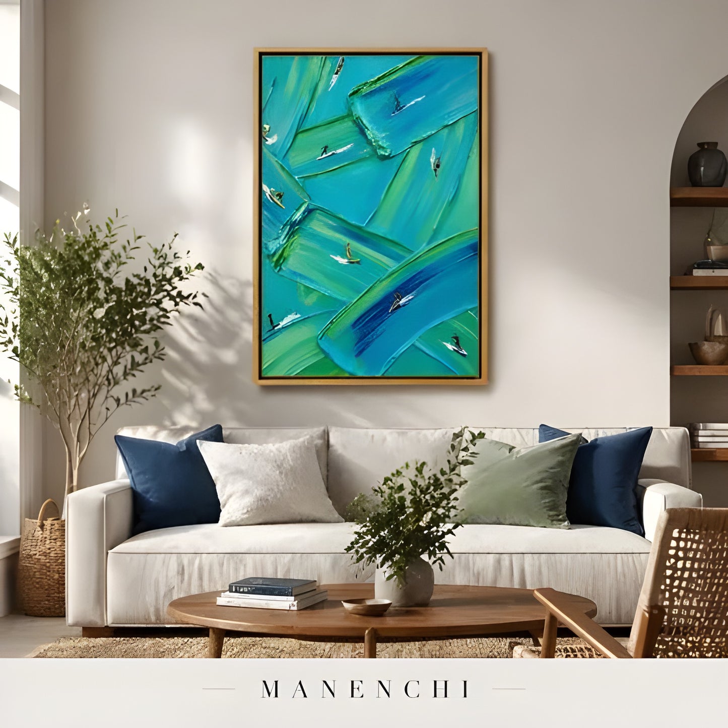 Azure Rhythm abstract painting displayed in blue green surfing painting