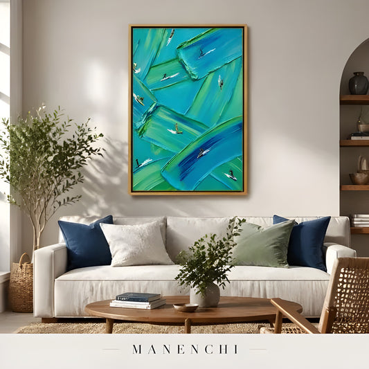 Azure Rhythm abstract painting displayed in blue green surfing painting