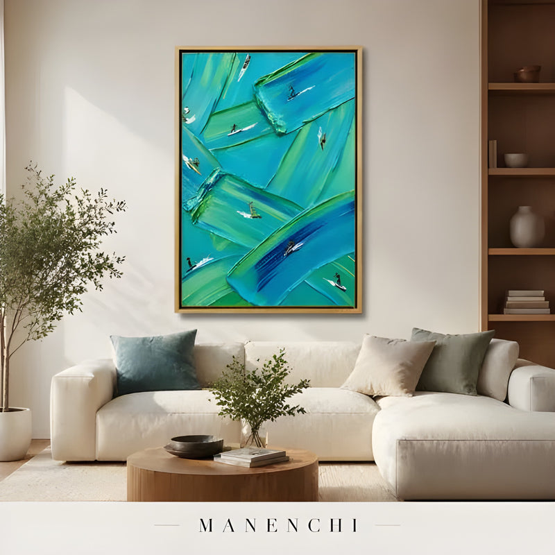 Azure Rhythm abstract painting displayed in modern living room art