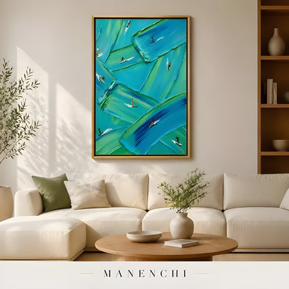 Azure Rhythm abstract painting displayed in white sectional sofa art