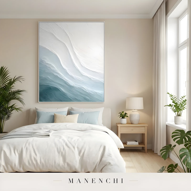 Azure Sculpted Tide abstract painting displayed in bedroom with painting