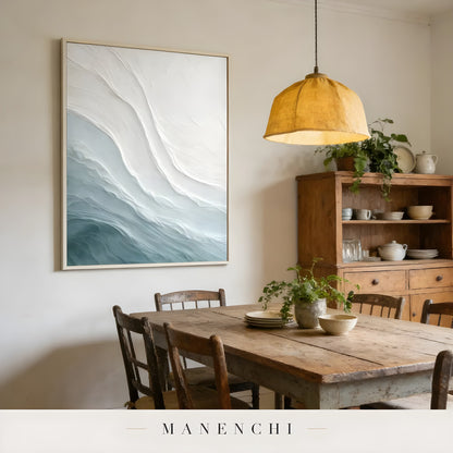 Azure Sculpted Tide abstract painting displayed in dining room interior