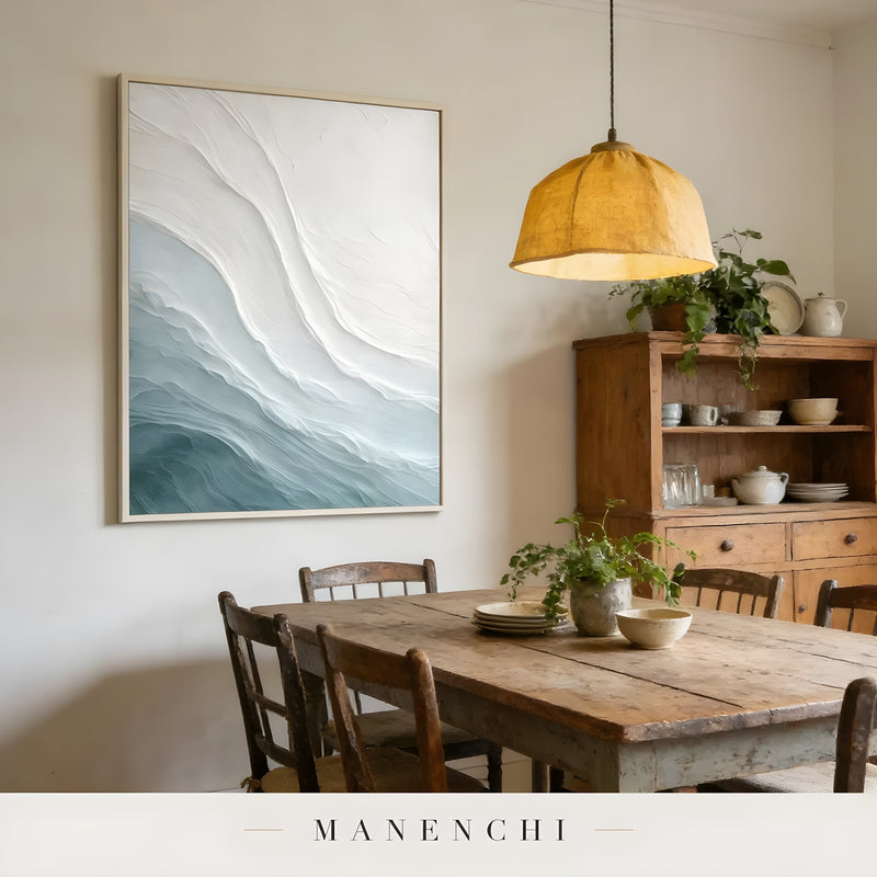 Azure Sculpted Tide abstract painting displayed in dining room interior