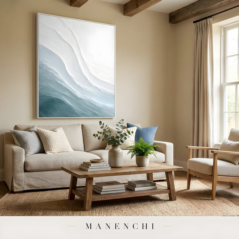 Azure Sculpted Tide abstract painting displayed in living room seating area