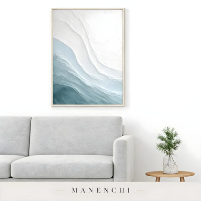 Azure Sculpted Tide abstract painting displayed in sofa living room