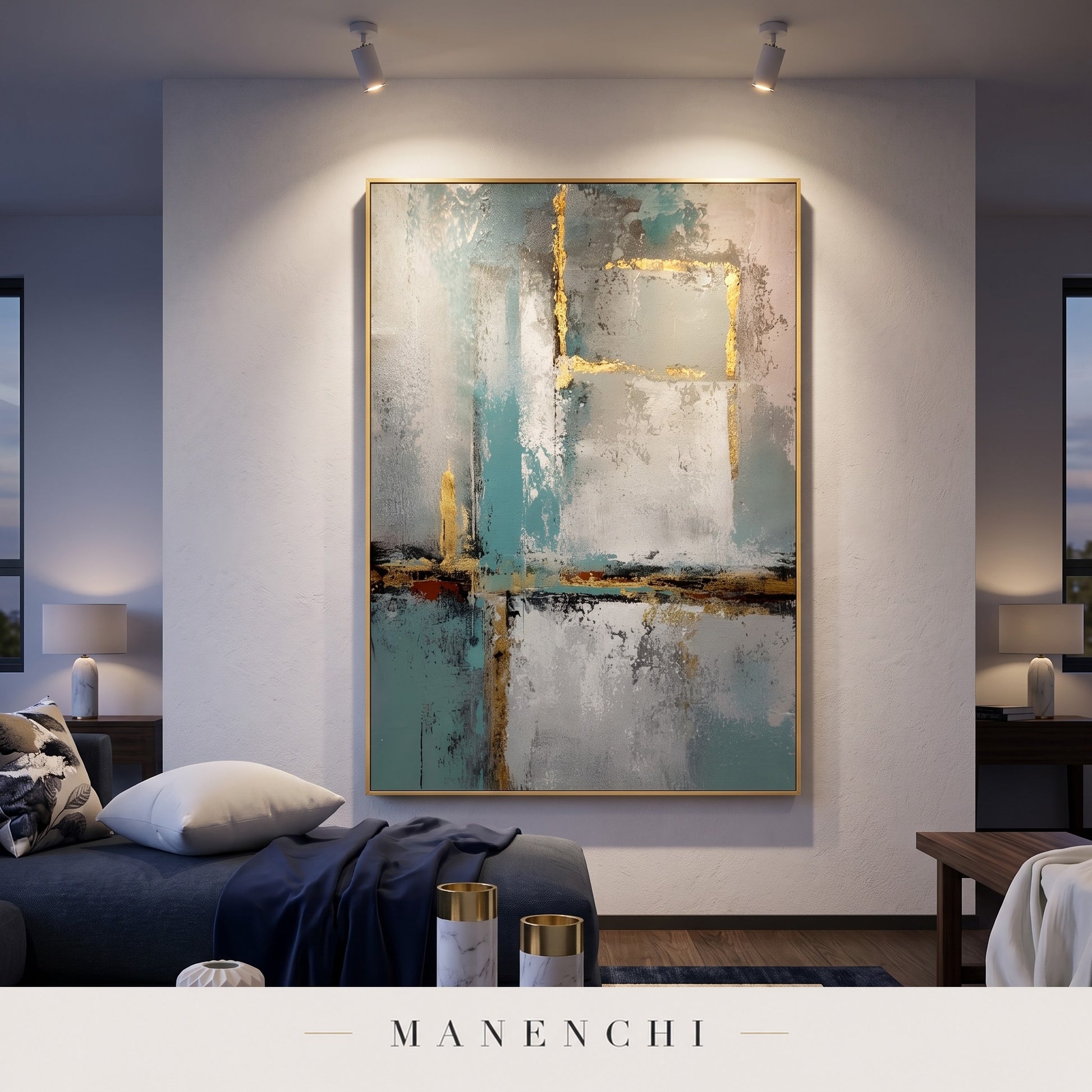 Azure Serenity abstract painting displayed in a modern bedroom