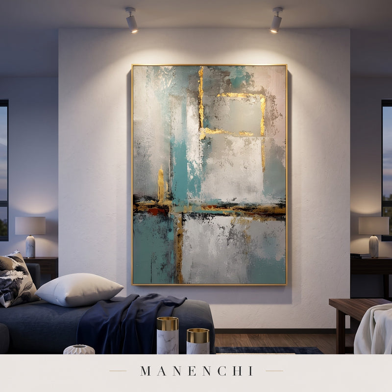Azure Serenity abstract painting displayed in a modern bedroom