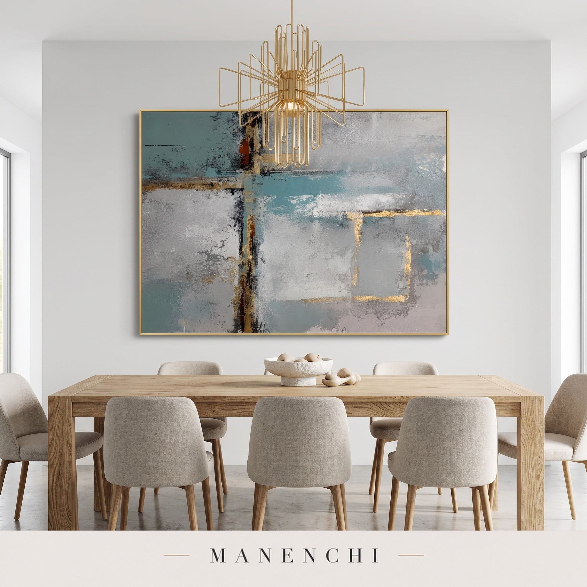 Azure Serenity abstract painting displayed in a dining room