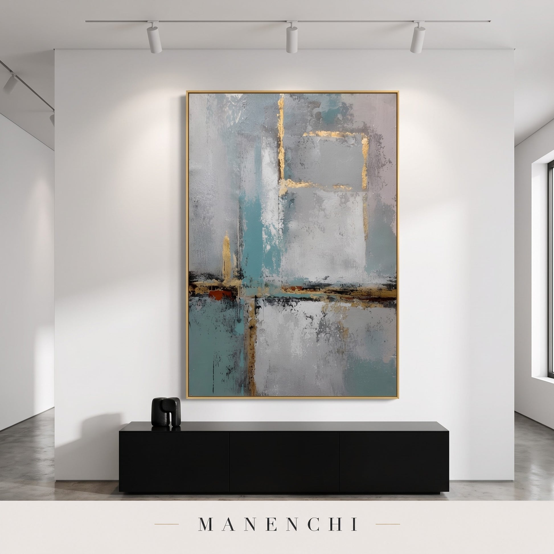 Azure Serenity abstract painting displayed in an entryway