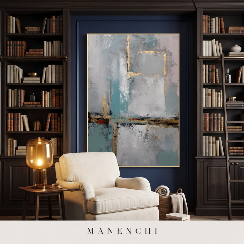 Azure Serenity abstract painting displayed in a library