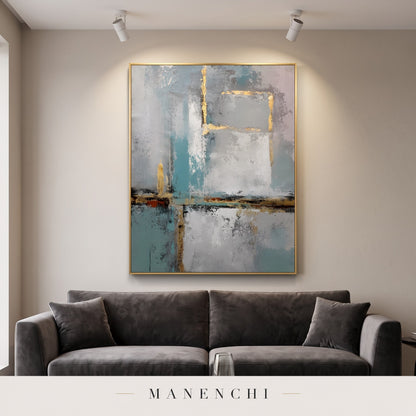 Azure Serenity abstract painting displayed in a modern living room