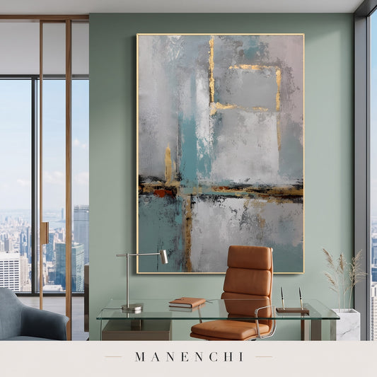 Azure Serenity abstract painting displayed in a study