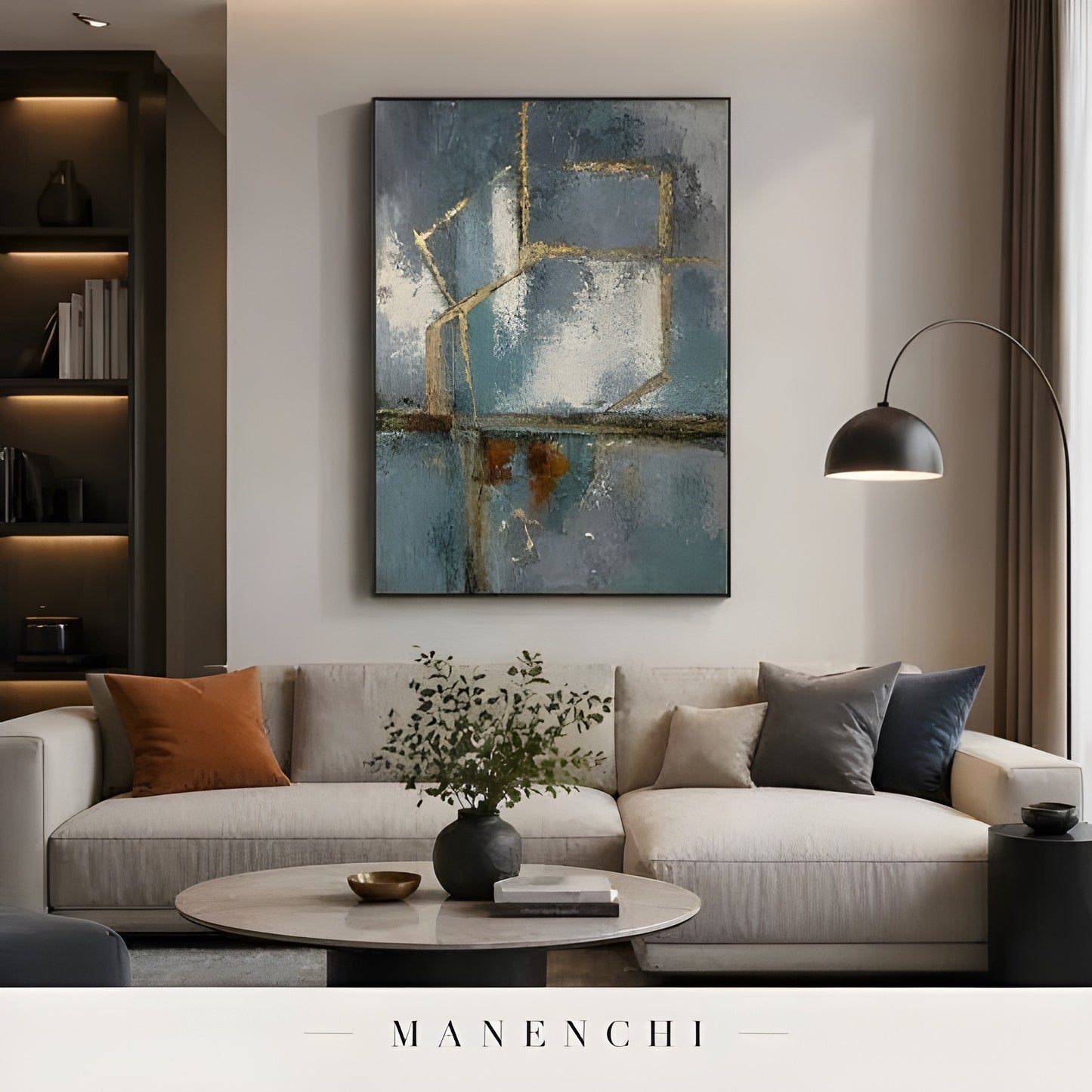 Azure Tectonic Geometry abstract painting displayed in living room sofa display