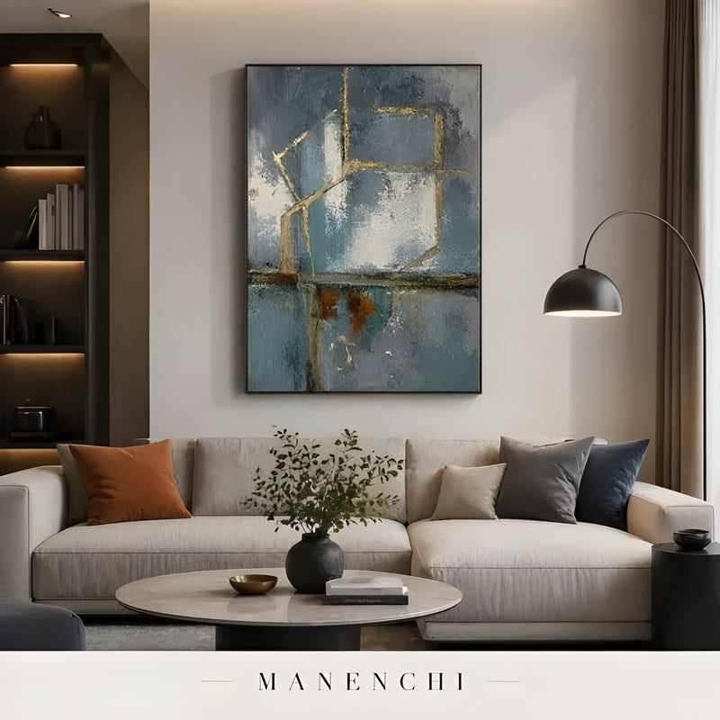 Azure Tectonic Geometry abstract painting displayed in living room sofa display