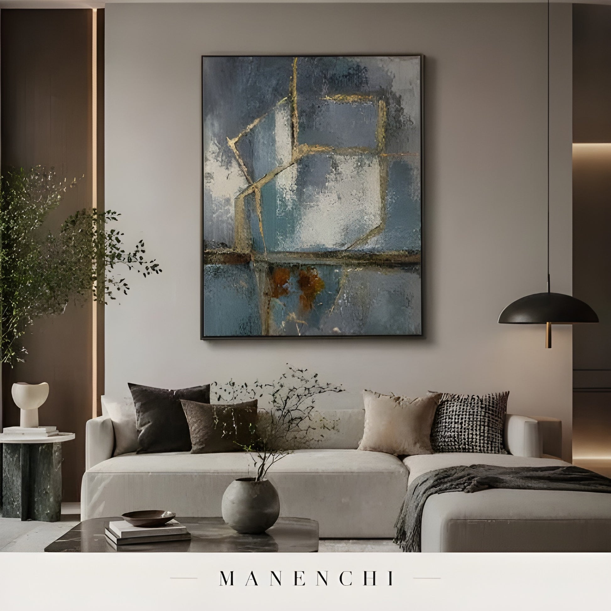Azure Tectonic Geometry abstract painting displayed in modern living room interior