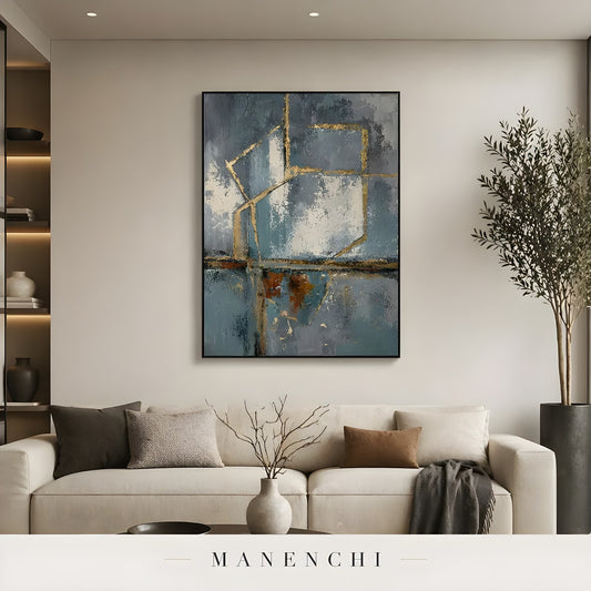 Azure Tectonic Geometry - original hand-painted abstract painting by Manenchi