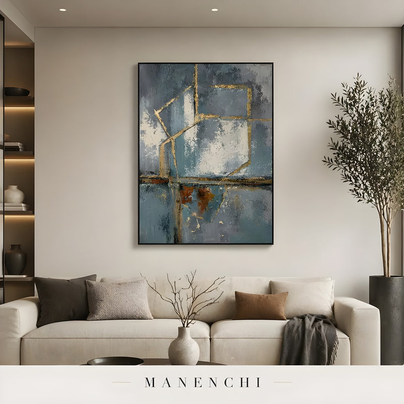 Azure Tectonic Geometry - original hand-painted abstract painting by Manenchi