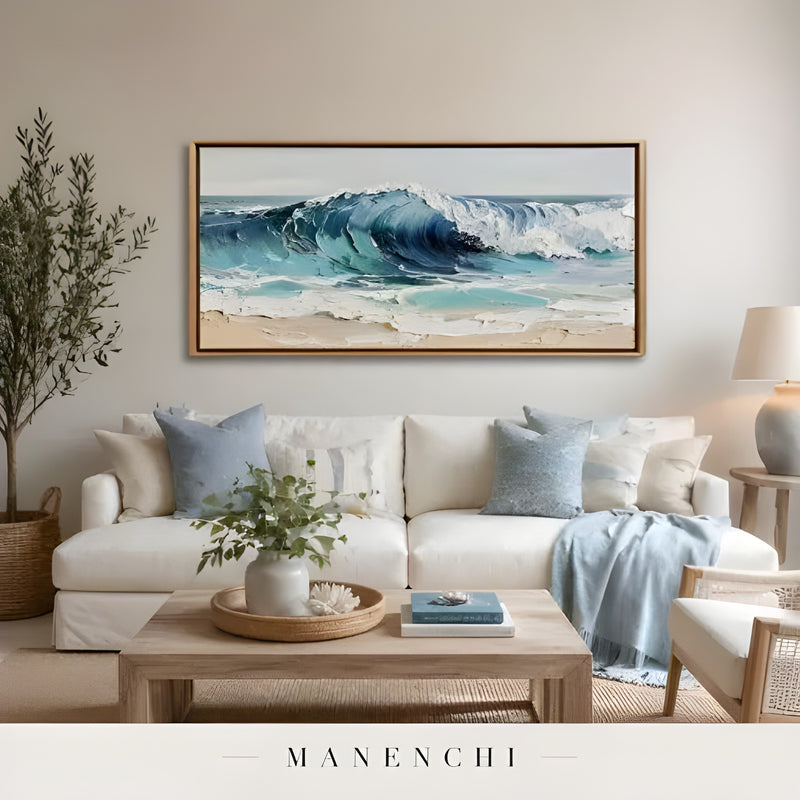 Azure Tectonic Swell abstract painting displayed in coastal living room