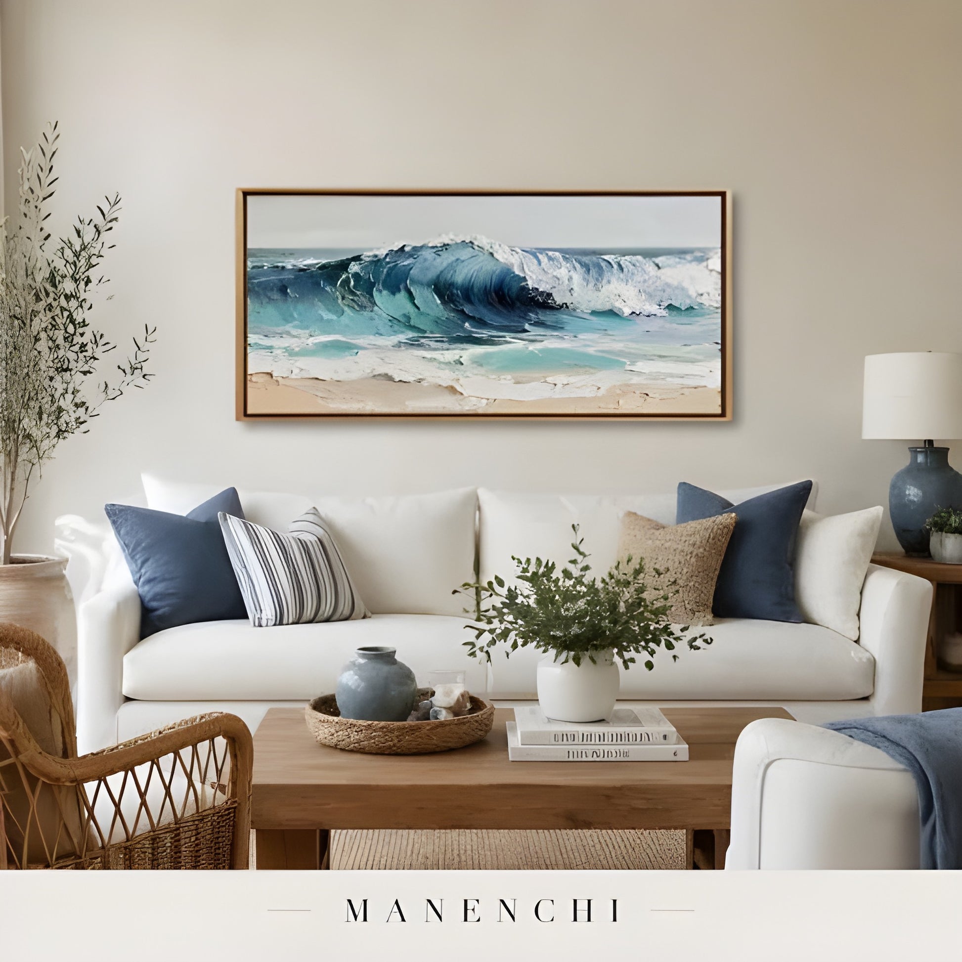 Azure Tectonic Swell abstract painting displayed in living room display