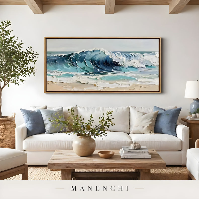 Azure Tectonic Swell abstract painting displayed in wooden coffee table