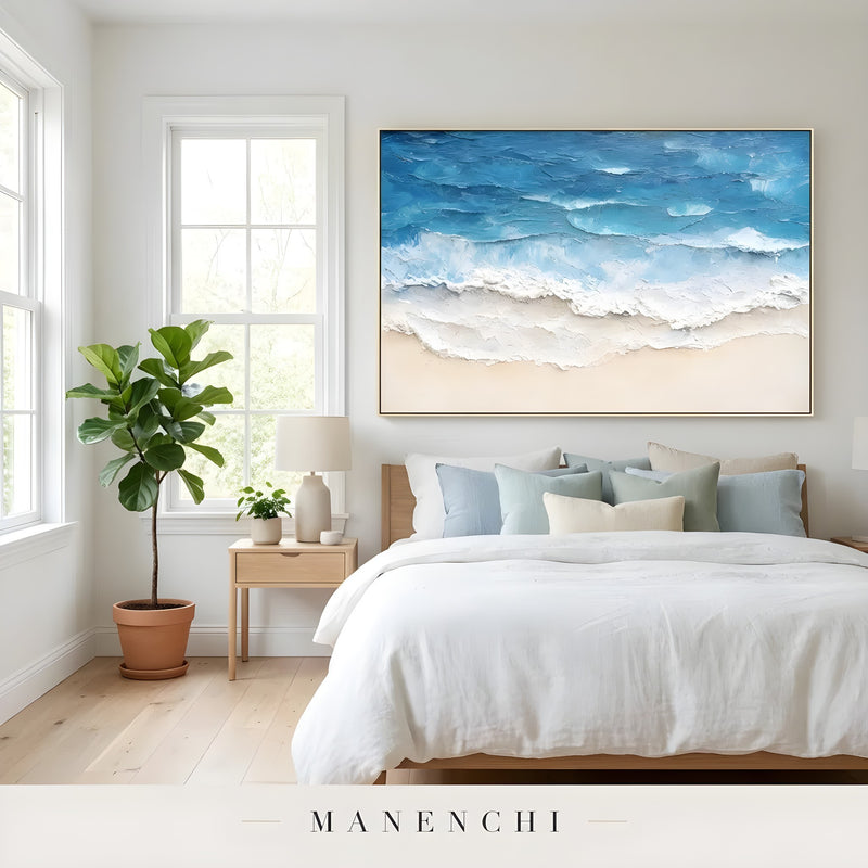 Azure Tidal Retreat abstract painting displayed in bedroom interior decor
