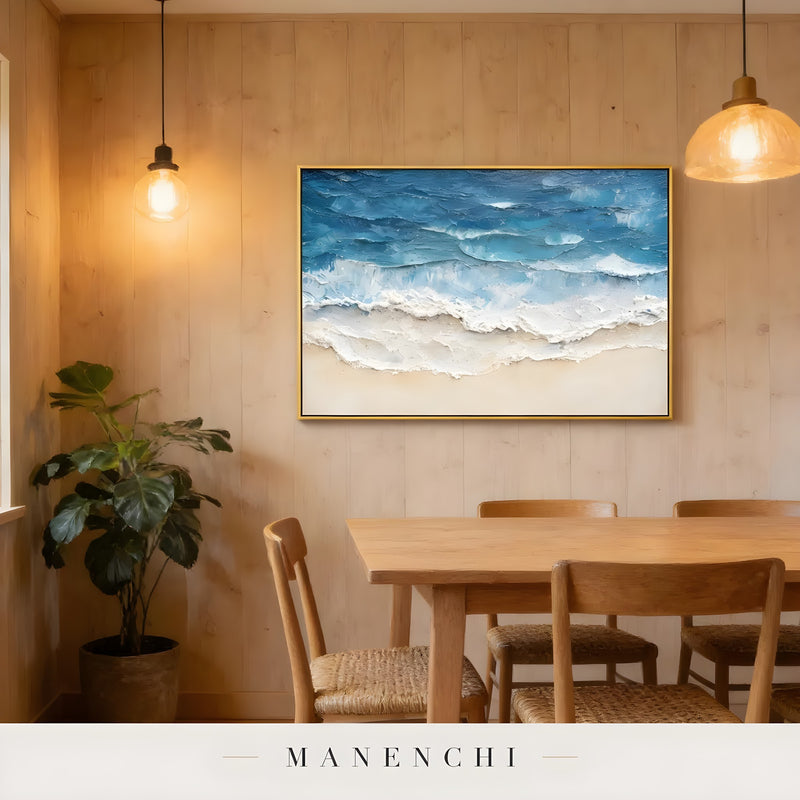 Azure Tidal Retreat abstract painting displayed in dining room wall art