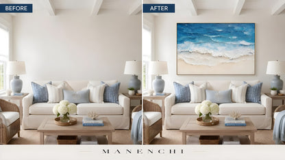 Azure Tidal Retreat original hand-painted artwork, before and after in a styled room