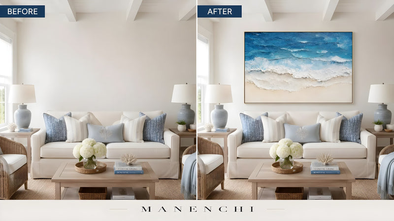 Azure Tidal Retreat original hand-painted artwork, before and after in a styled room