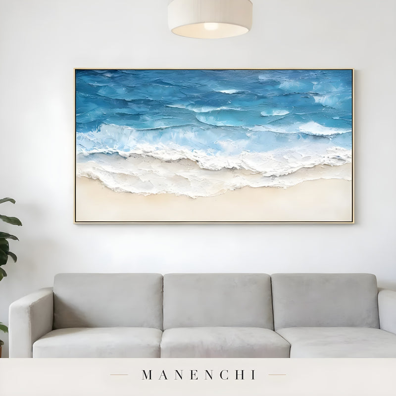 Azure Tidal Retreat abstract painting displayed in living room sofa display