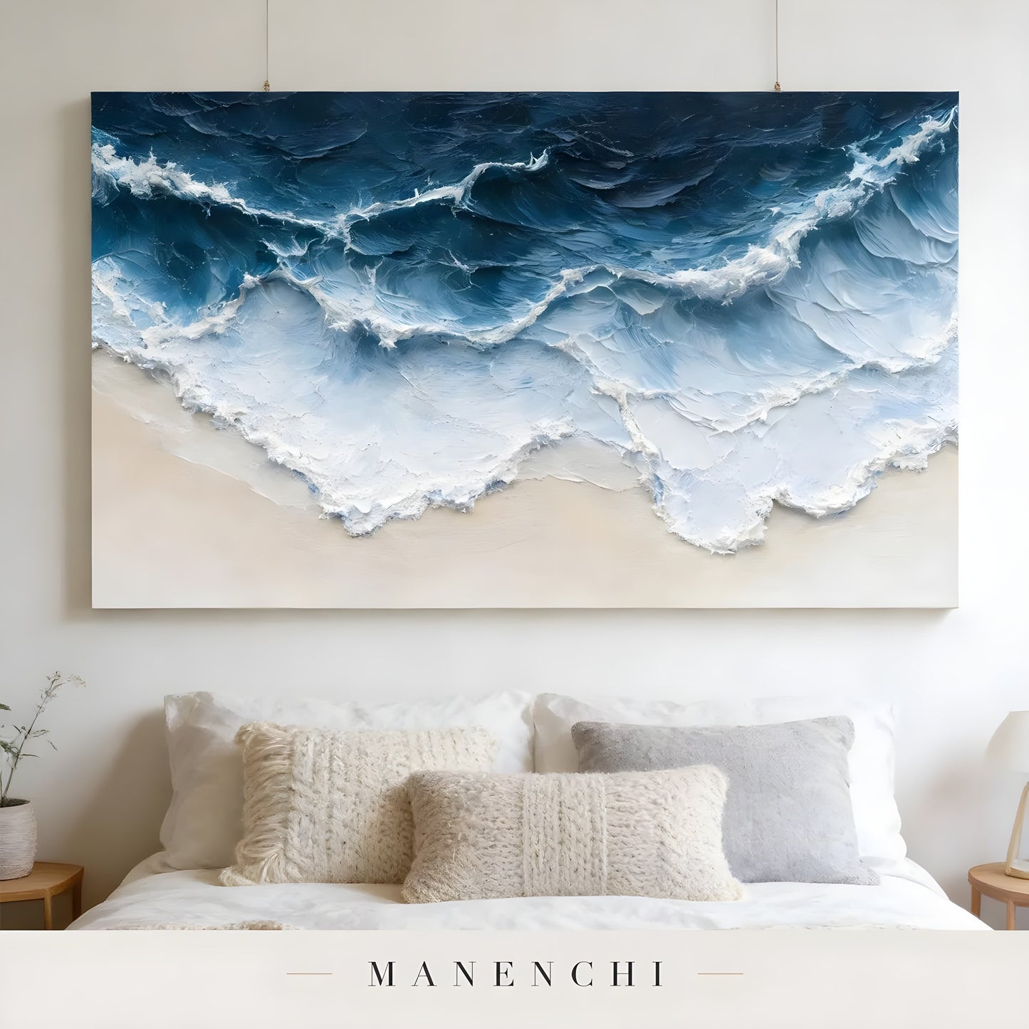 Azure Tidal Surge abstract painting displayed in bedroom above bed art