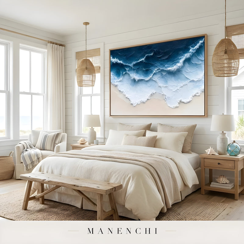 Azure Tidal Surge abstract painting displayed in coastal bedroom decor setting