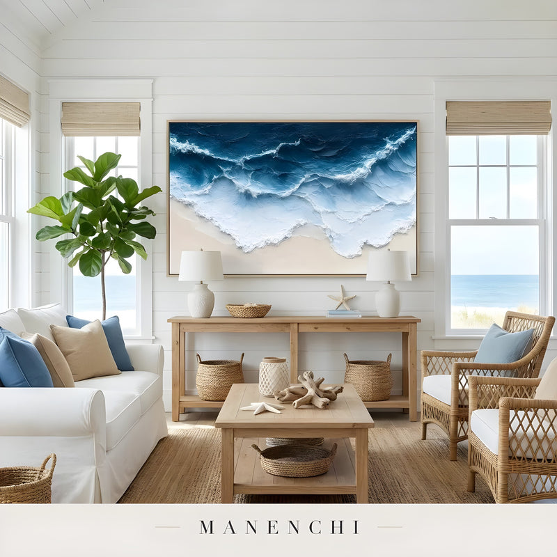 Azure Tidal Surge abstract painting displayed in coastal living room interior