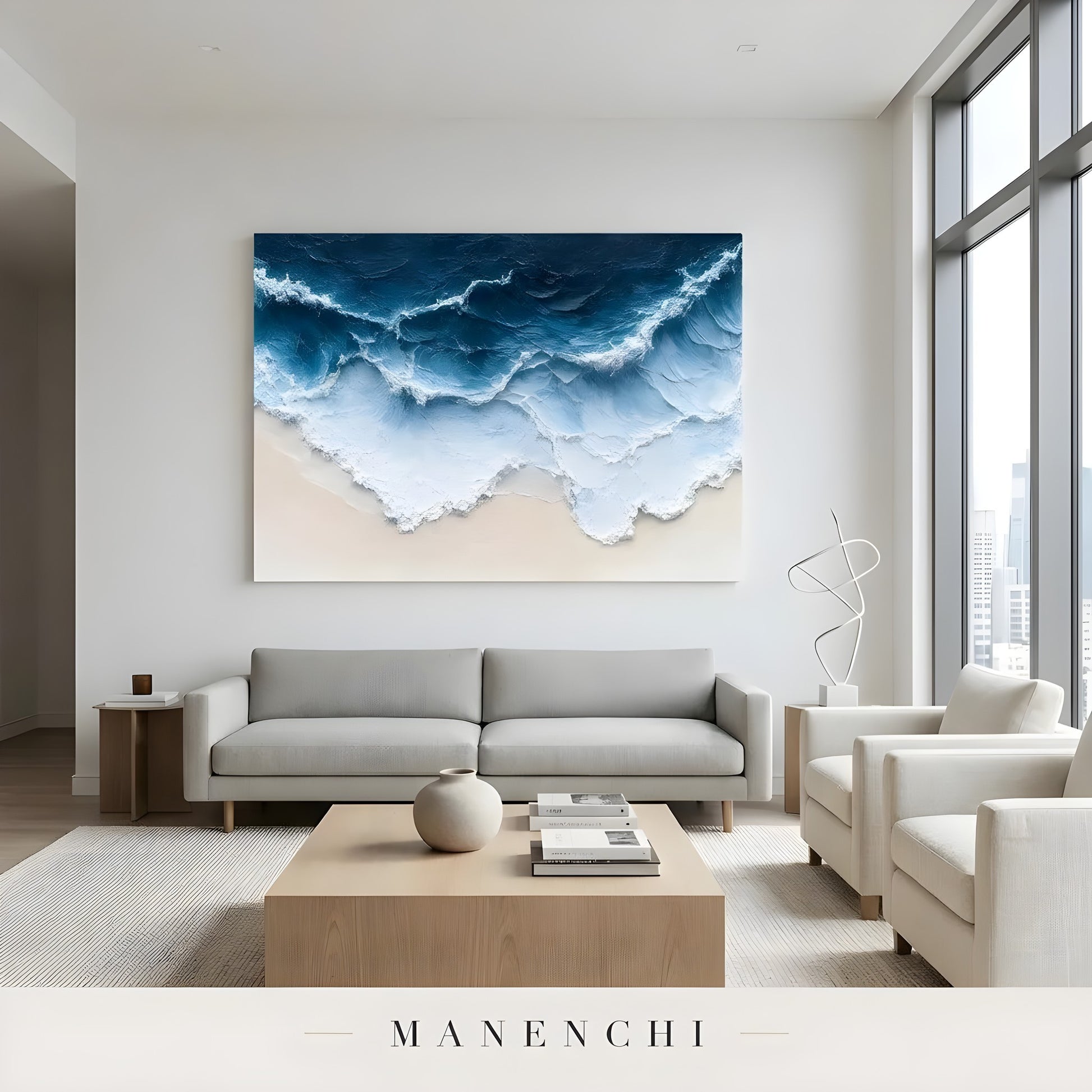 Azure Tidal Surge abstract painting displayed in living room sofa decor