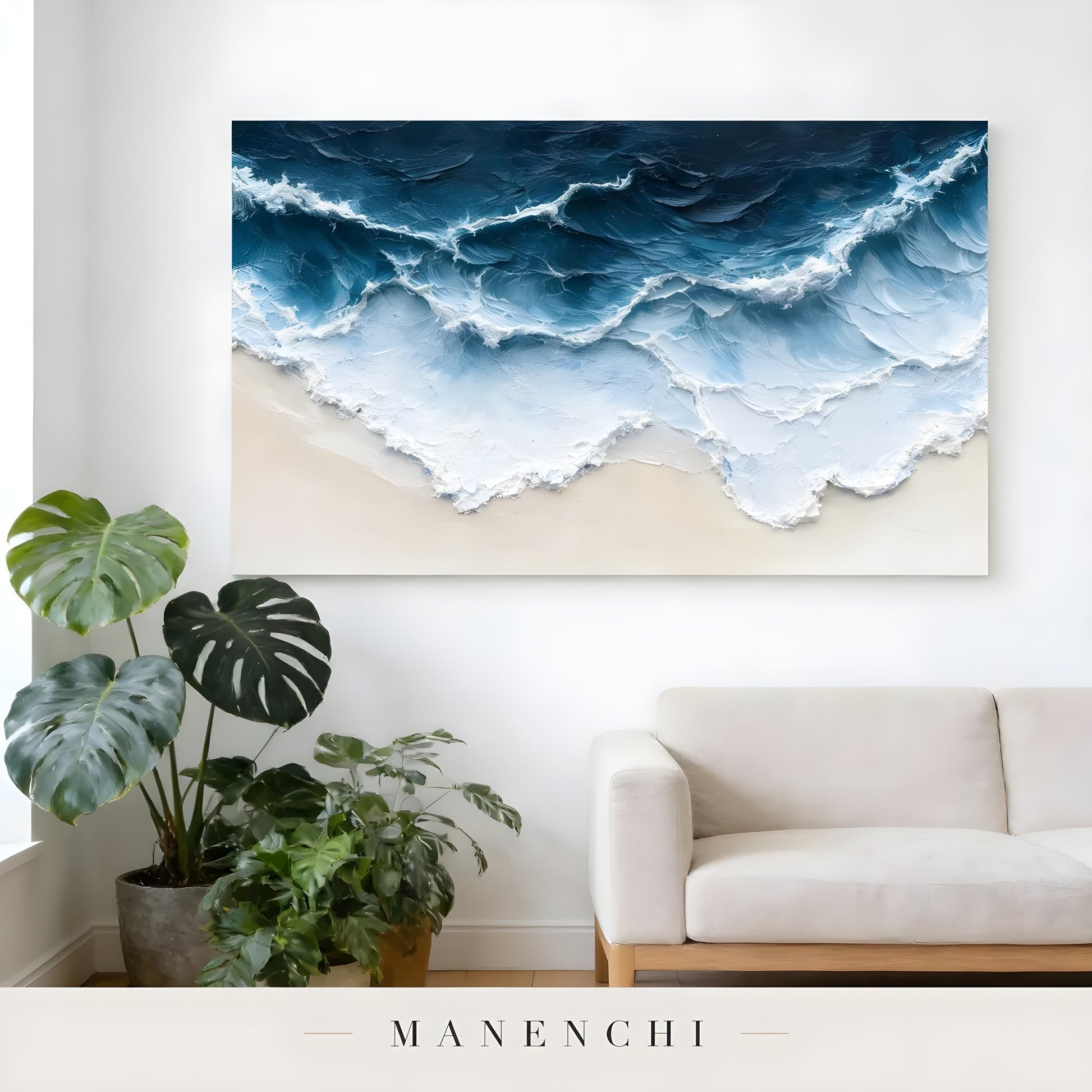 Azure Tidal Surge abstract painting displayed in minimalist sofa potted plant