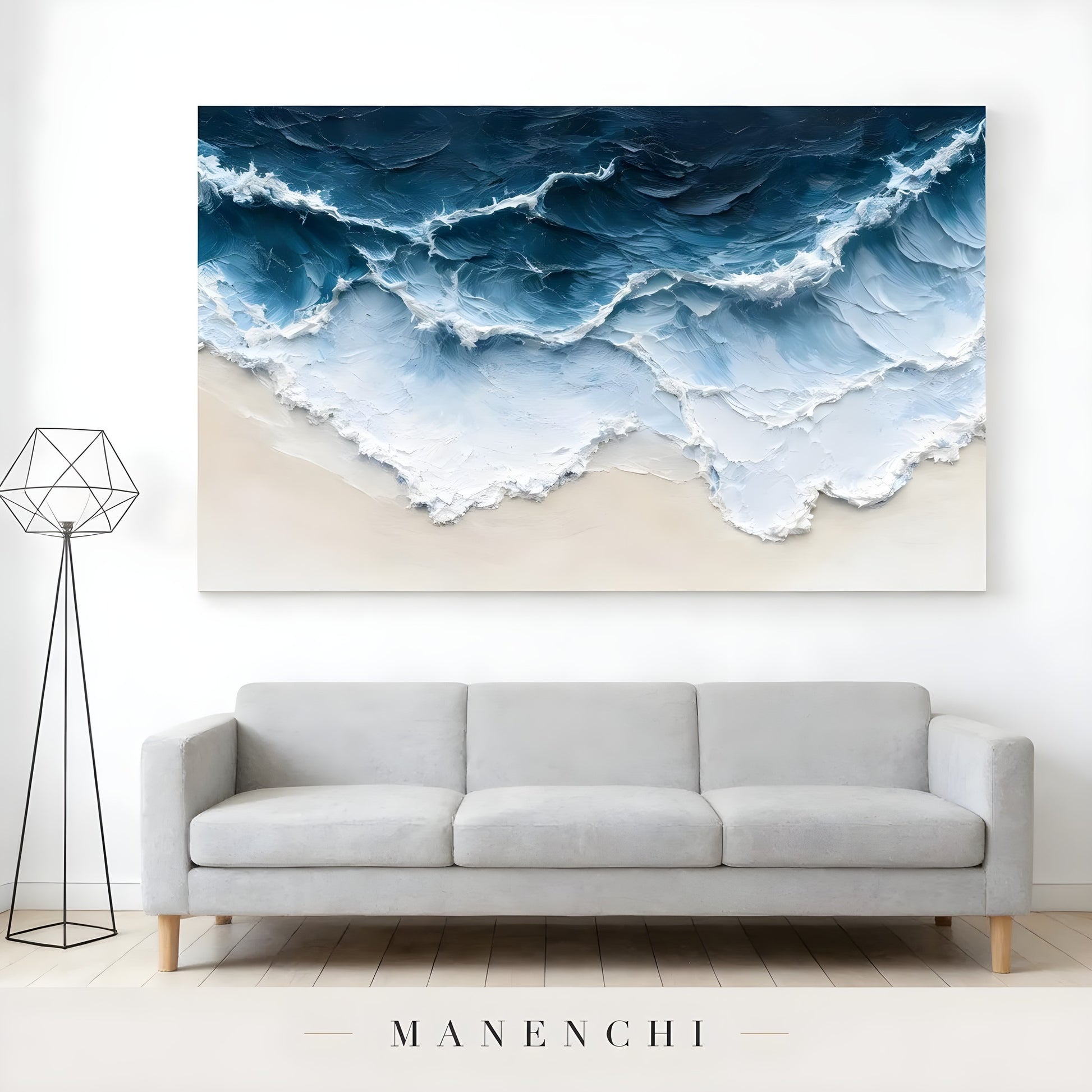 Azure Tidal Surge abstract painting displayed in modern sofa art display