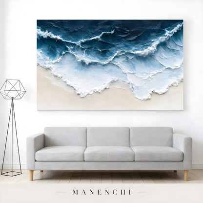 Azure Tidal Surge abstract painting displayed in modern sofa art display