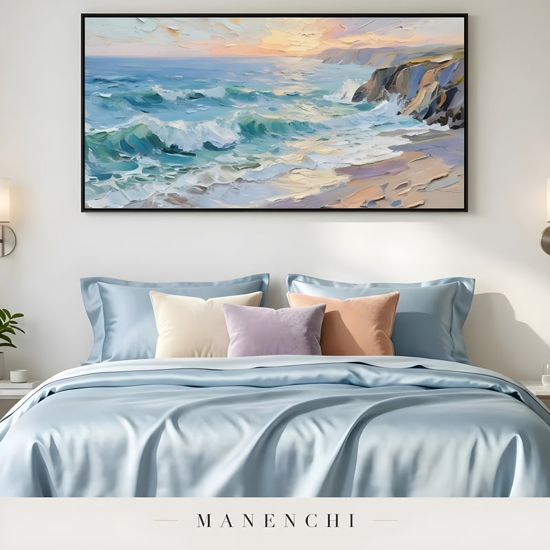 Azure Twilight Tide abstract painting displayed in bedroom wall decor