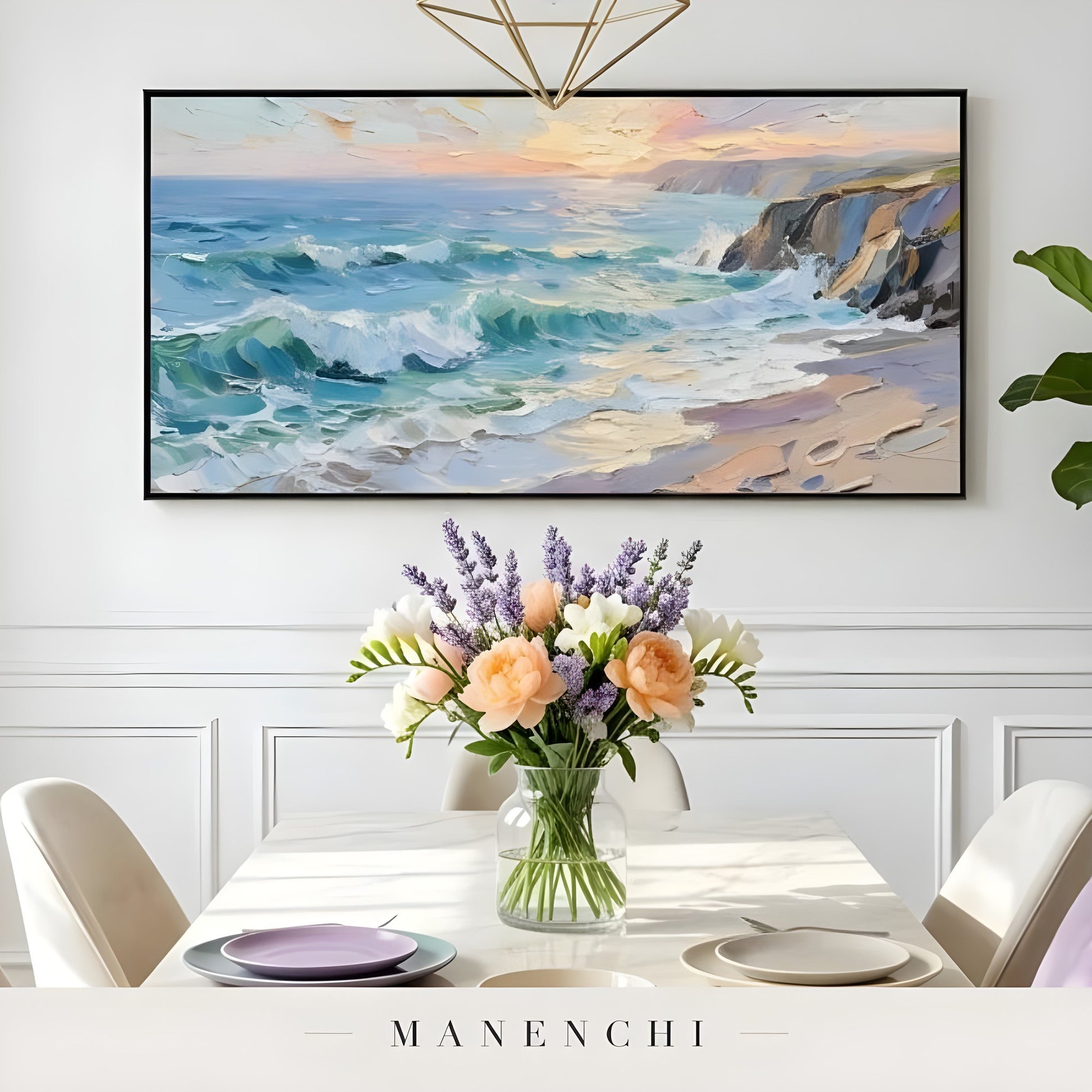 Azure Twilight Tide abstract painting displayed in dining room interior