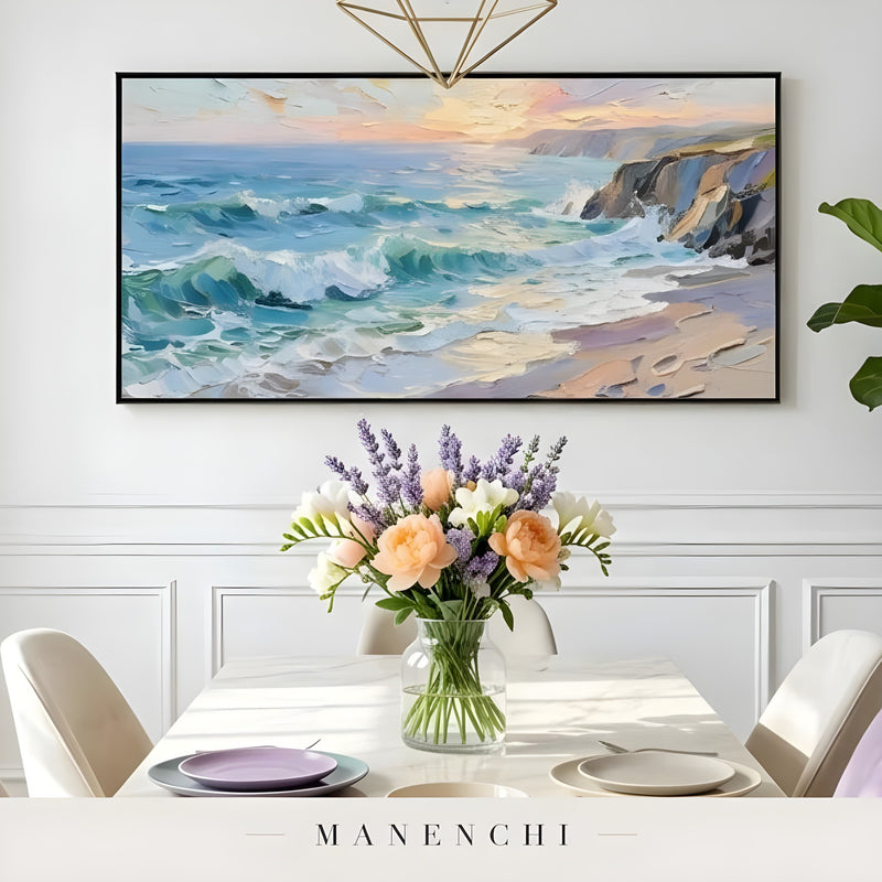 Azure Twilight Tide abstract painting displayed in dining room interior